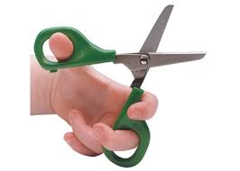 The thumb goes in the top loop of the scissor while the middle finger goes in the bottom loop